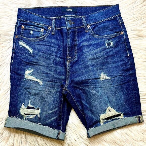 Aero Slim Cut Off Distressed Bermuda Denim Shorts Size 31 - Picture 1 of 3